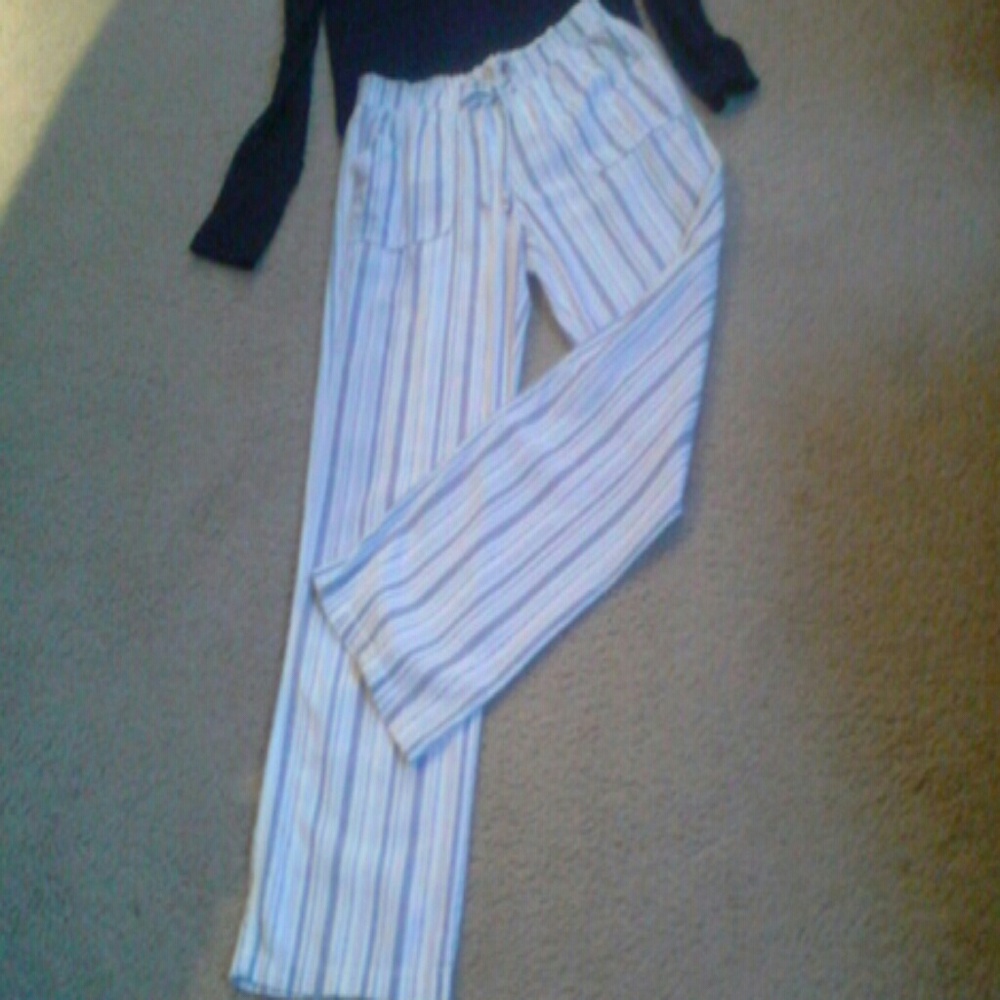 Cool Linen pants. Blue and white stripe patterned. Draw String Waistand.
